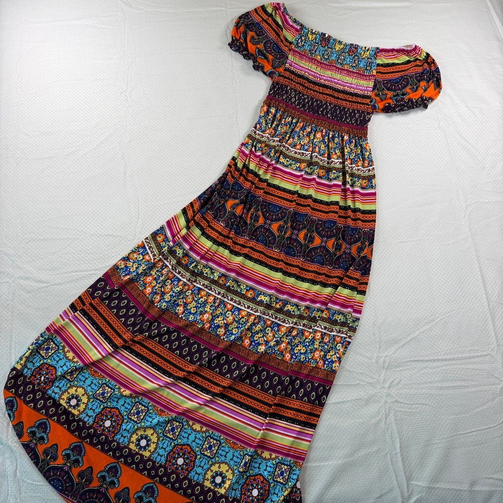 Boho Smocked Off Shoulder Maxi Dress Patchwork Floral Paisley Stripe Medium M